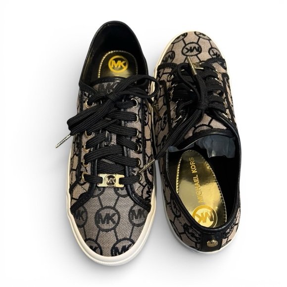 Michael Kors Boerum Signature Logo Sneakers Athletic Shoes Black Beige 7 Holiday - Picture 2 of 6